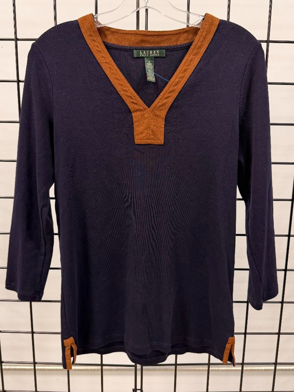 Ralph Lauren Navy Brown Faux Suede Trim Tunic Top